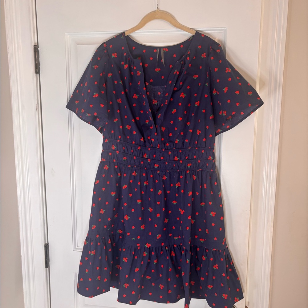 Anthropologie Somerset Mini Dress Navy with Red Strawberry Design